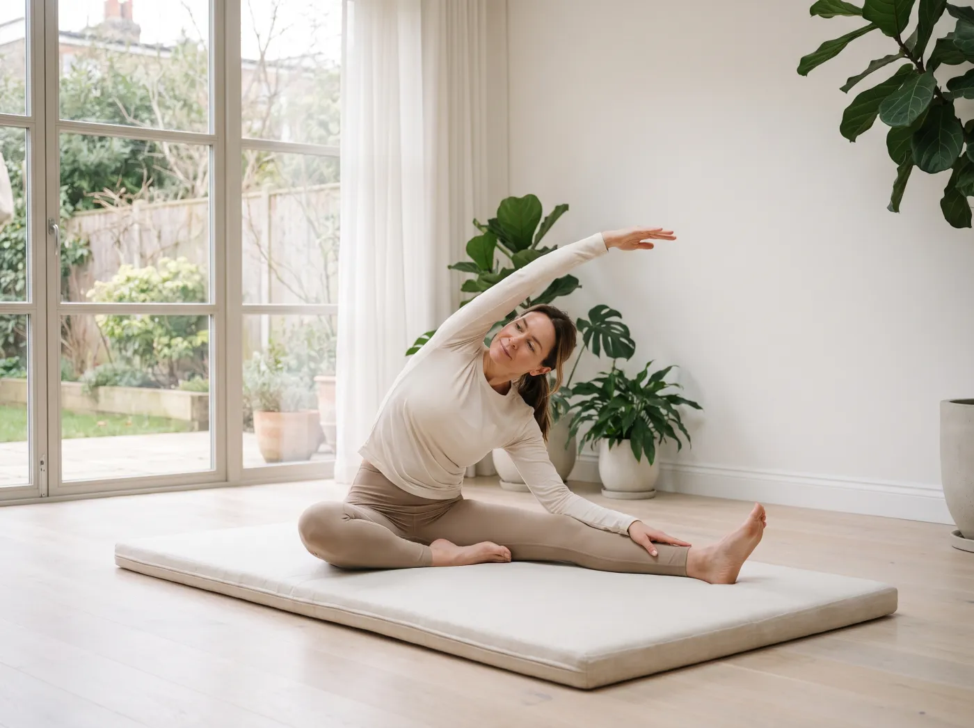 A beginner practising a gentle Pilates exercise on a mat in a bright, calm studio.