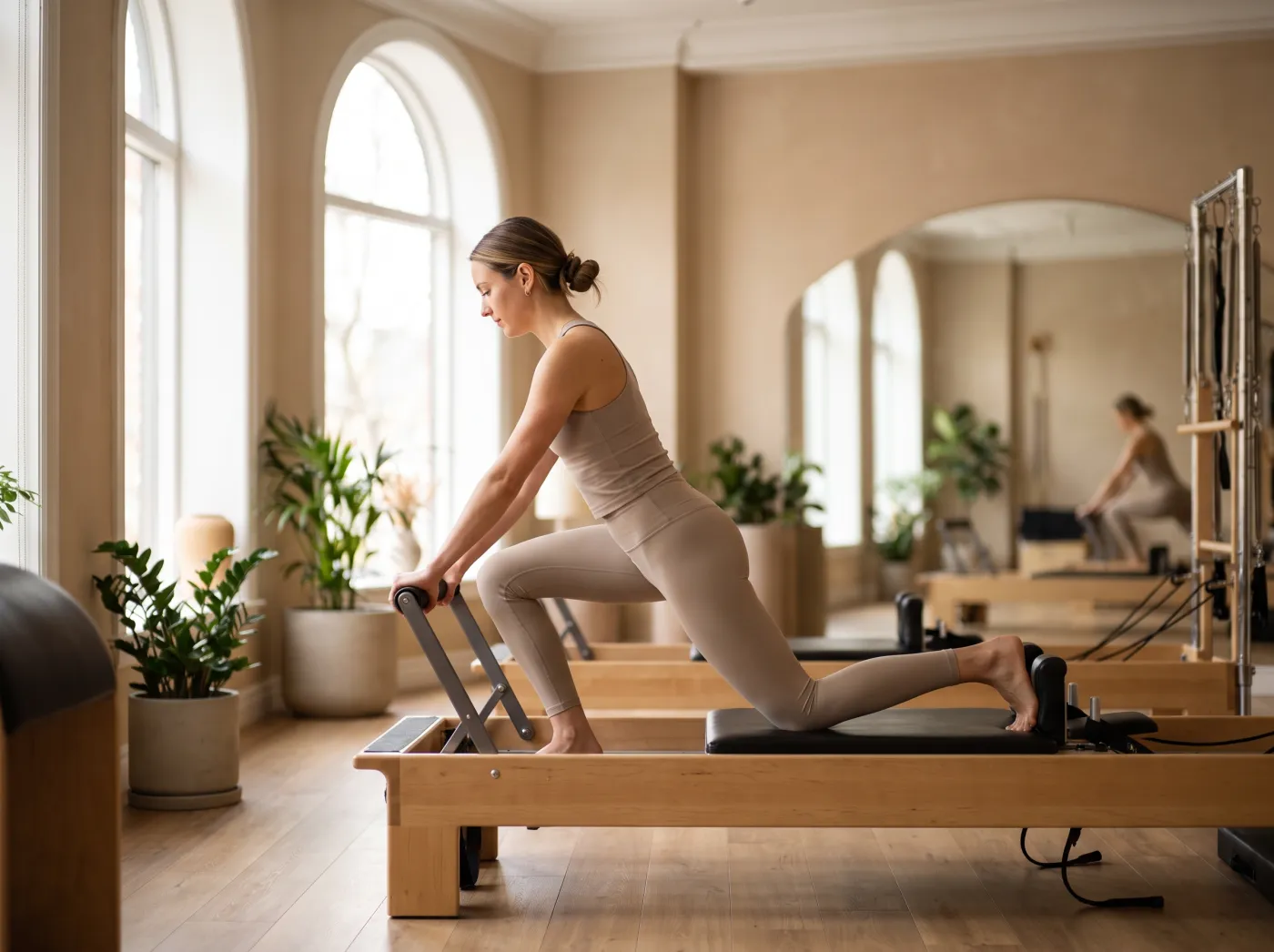 An adult mid-practice on a wooden Pilates reformer in a premium, calm studio.