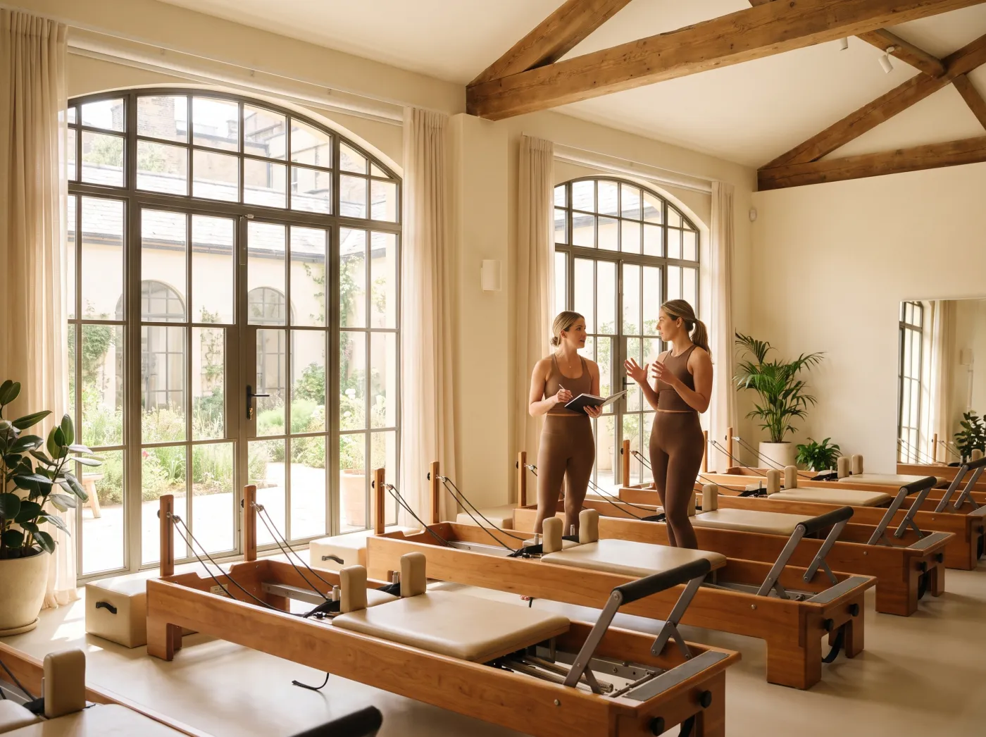 A spacious Pilates studio with several wooden reformers in a row and two instructors collaborating.
