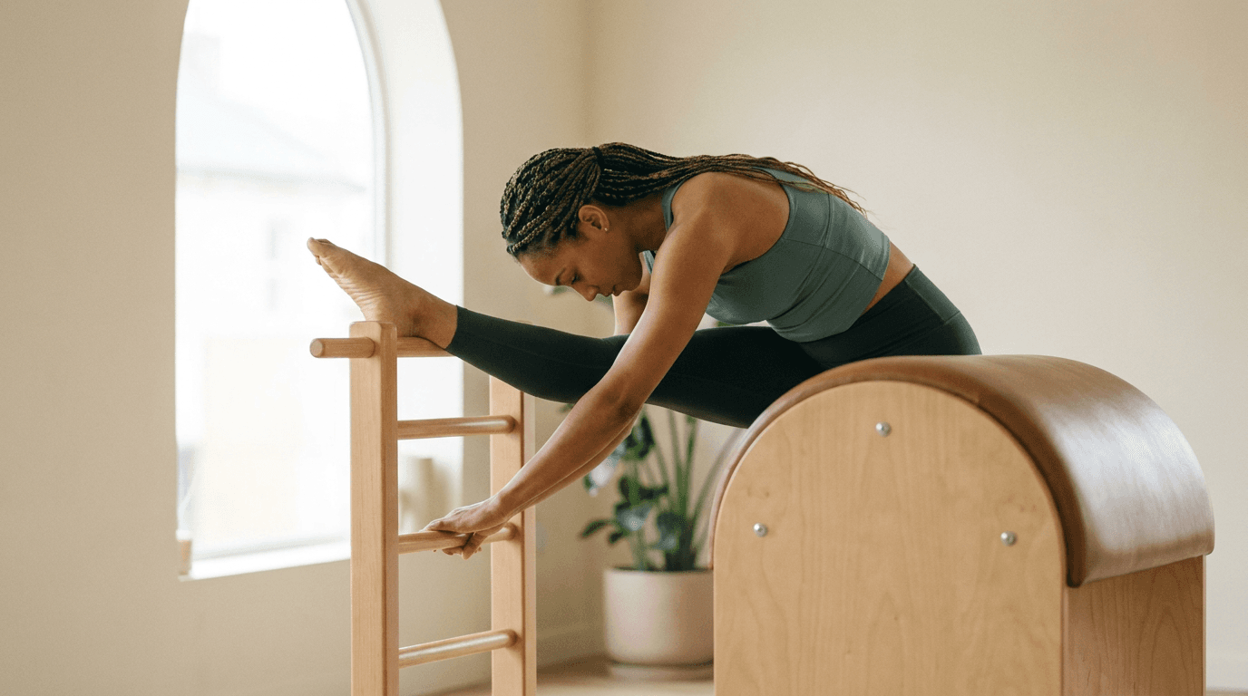 Illustration of Ladder Barrel Ballet Stretches on the Pilates reformer