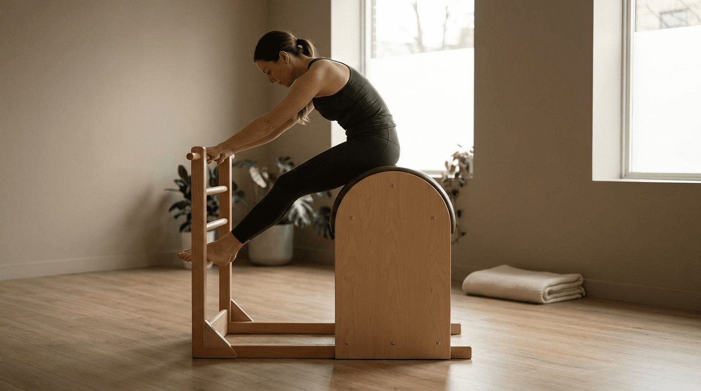 Illustration of Ladder Barrel Short Box Round Back on the Pilates reformer