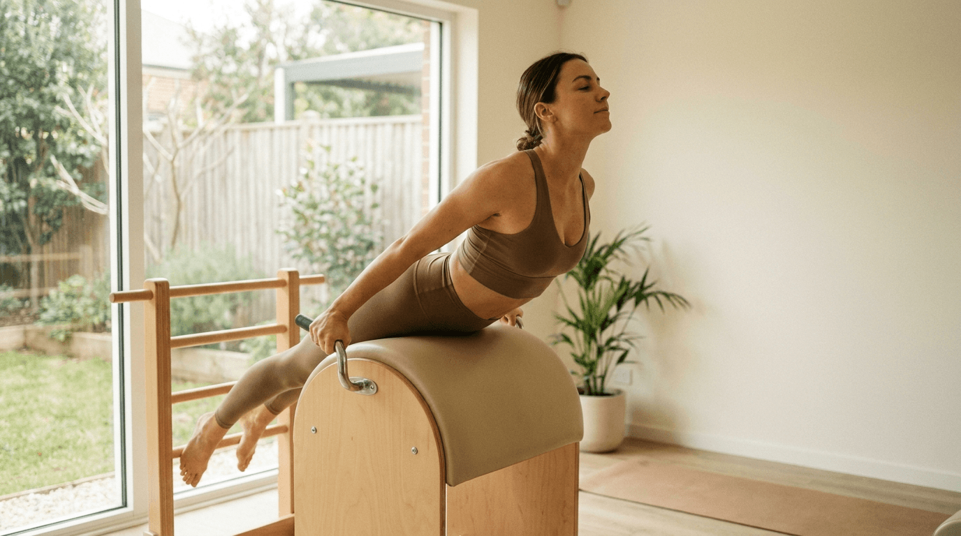 Illustration of Spine Corrector Swan on the Pilates reformer