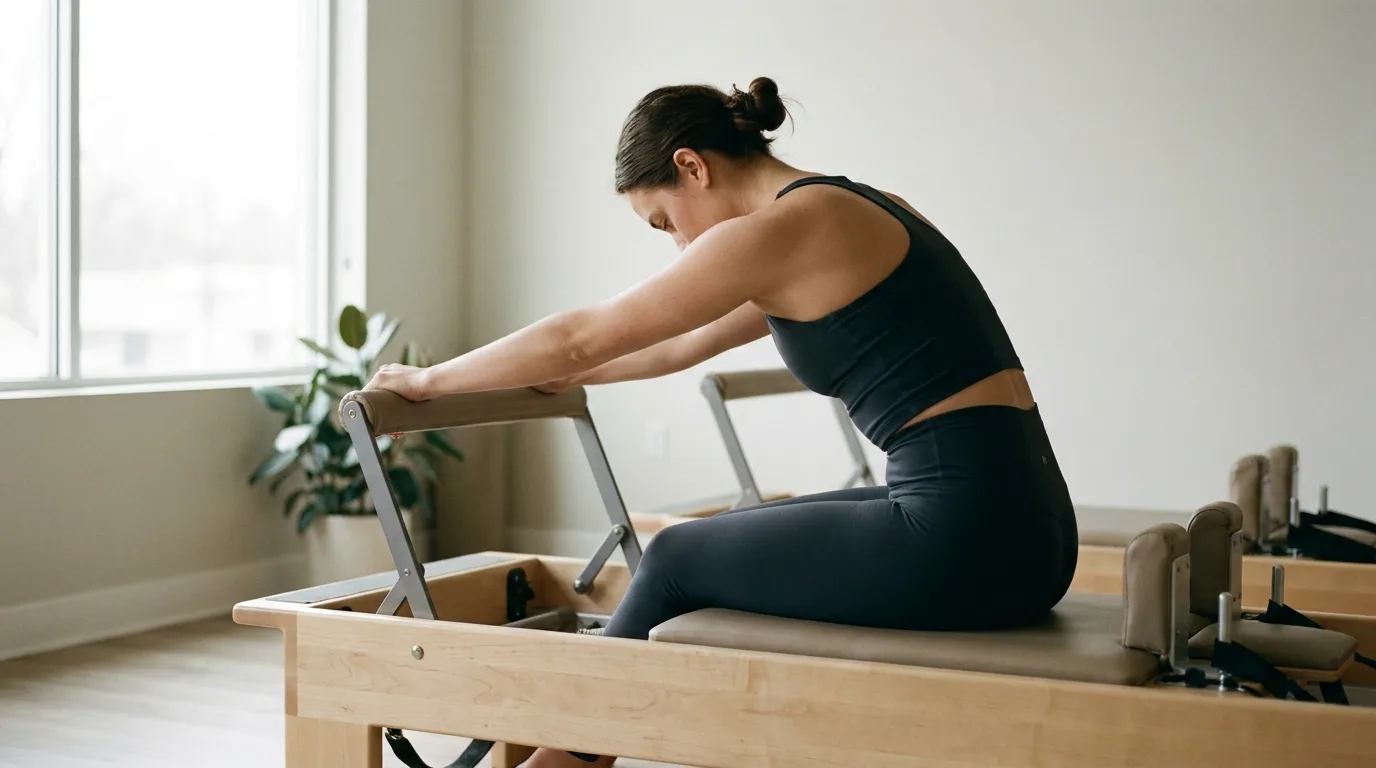 Illustration of Push Through Bar Seated Push Through on the Pilates reformer