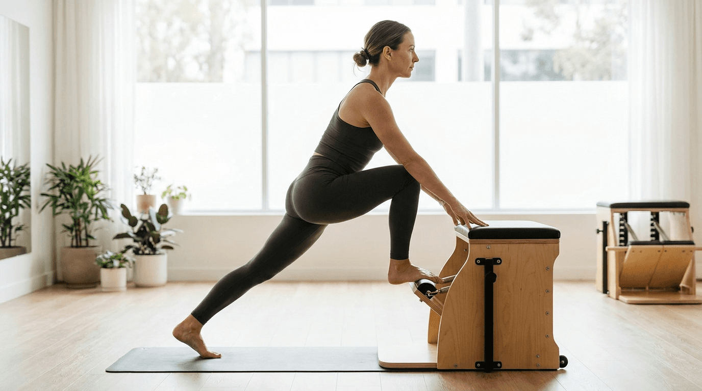 Illustration of Lunges on Chair on the Pilates reformer