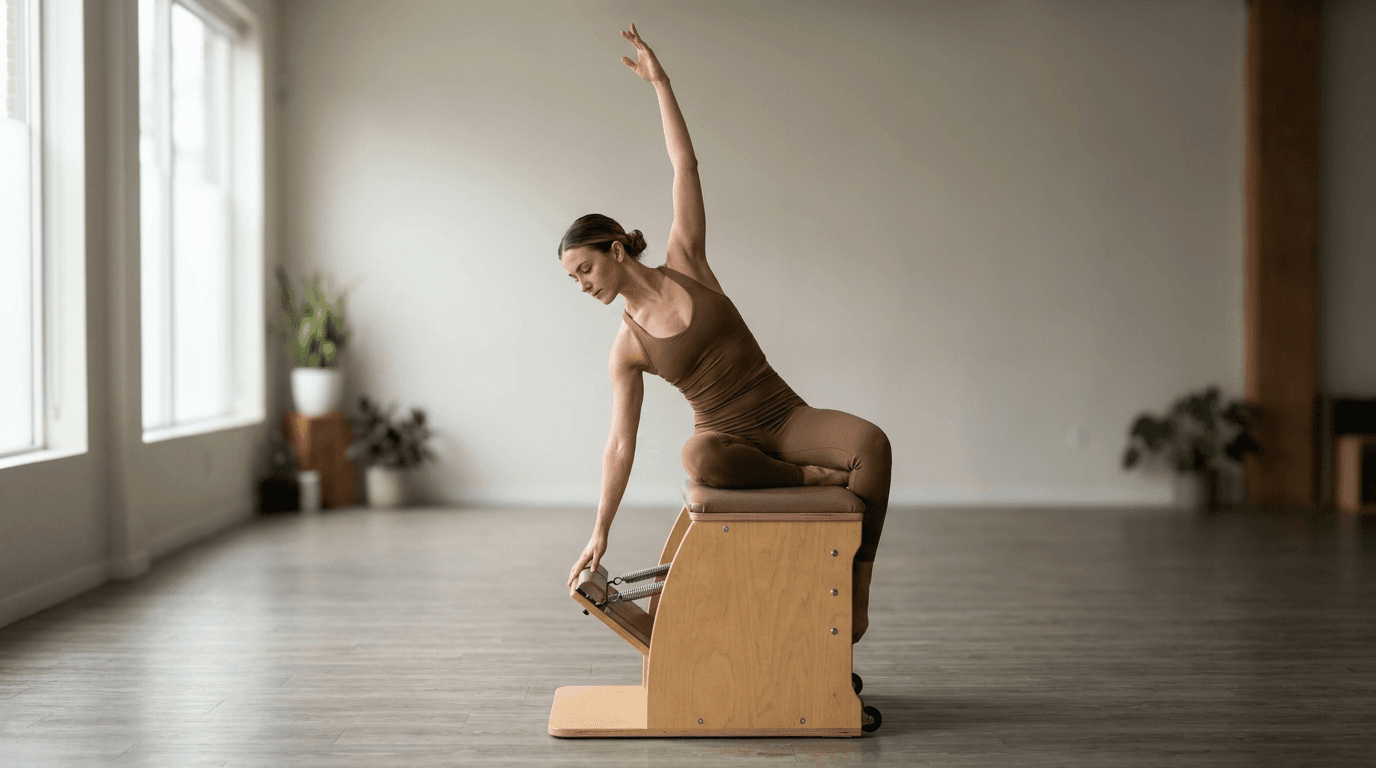 Illustration of Side Body Twist on the Pilates reformer