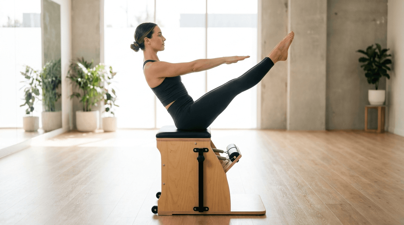 Illustration of Teaser on Chair on the Pilates reformer