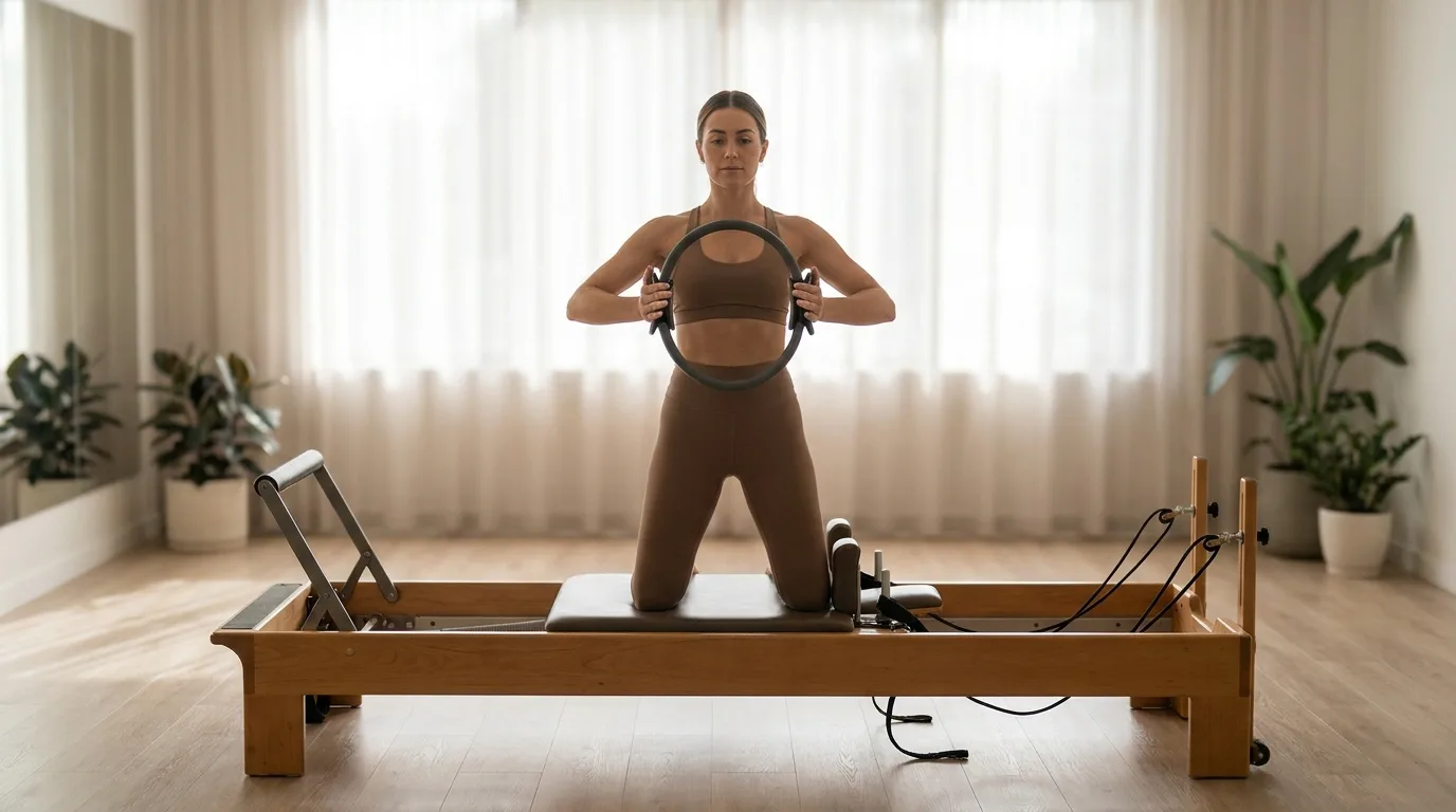 Illustration of Kneeling Arm Press with Pilates Ring on the Pilates reformer