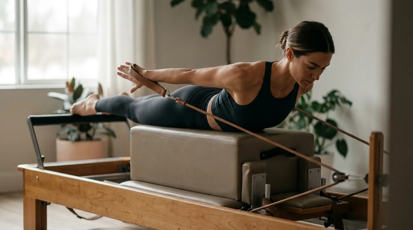 Illustration of Long Box Pulling Straps on the Pilates reformer