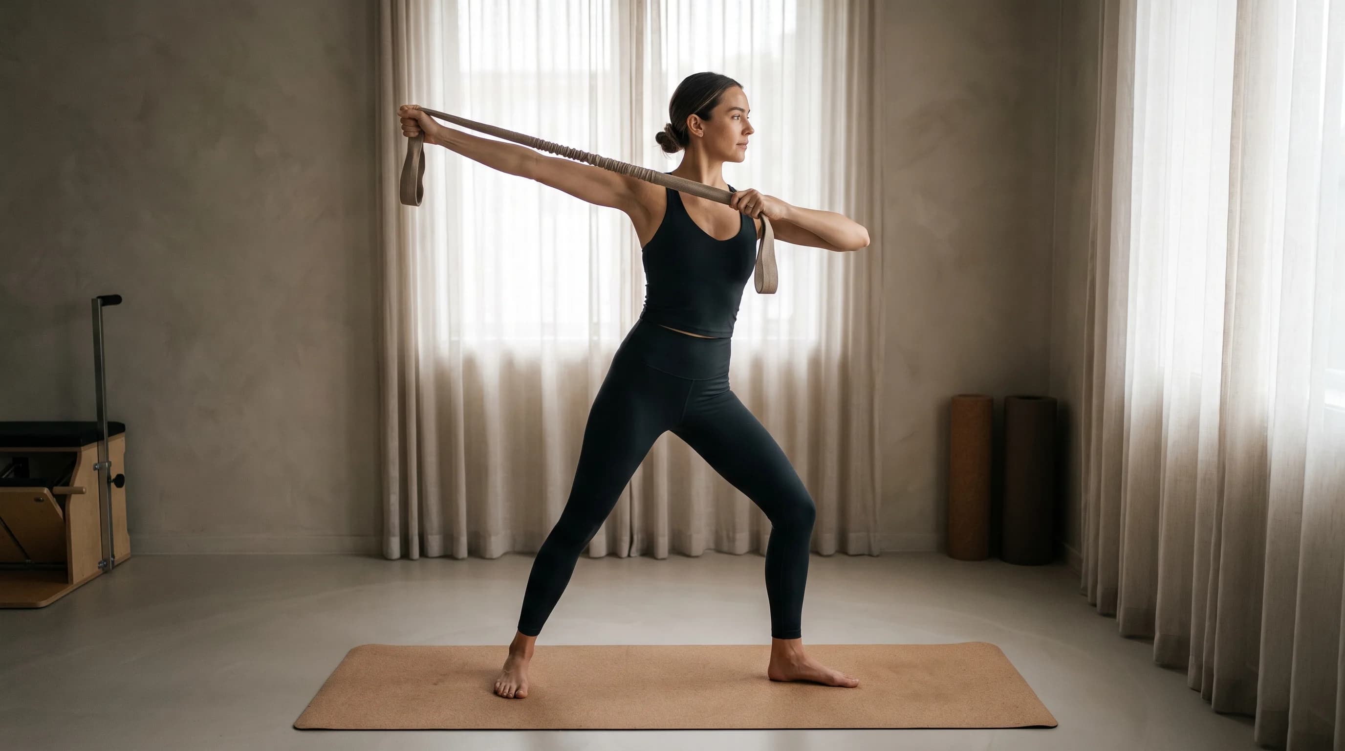 Illustration of Resistance Band Bow and Arrow on the Pilates reformer