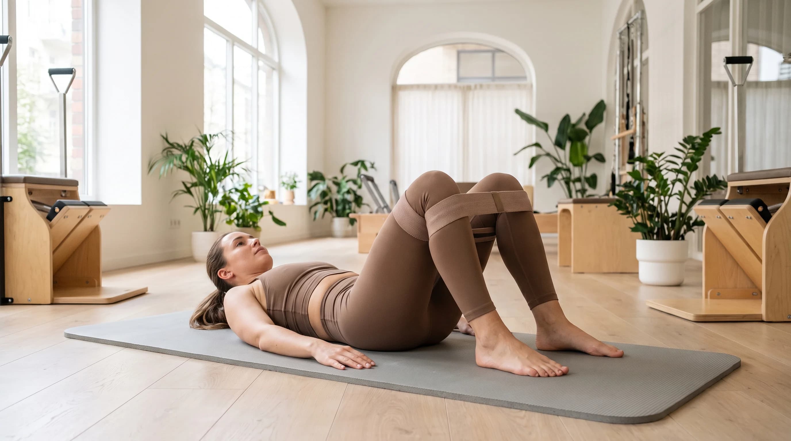 Illustration of Resistance Band Inner Thigh Press on the Pilates reformer