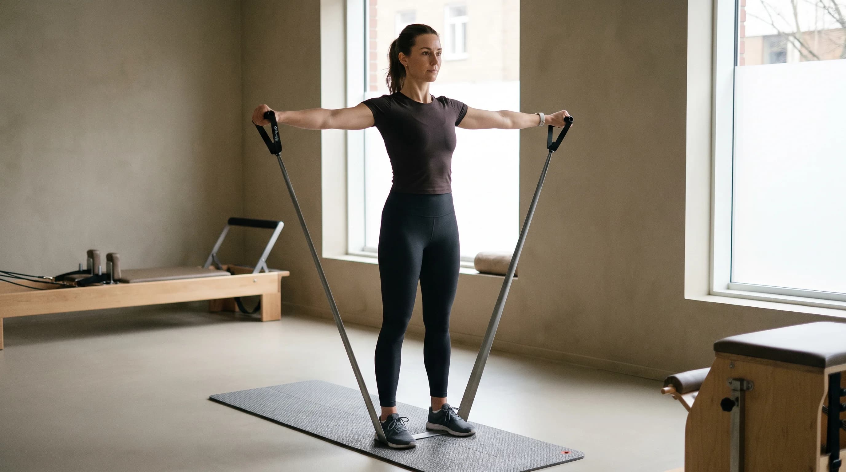 Illustration of Resistance Band Lateral Raise on the Pilates reformer