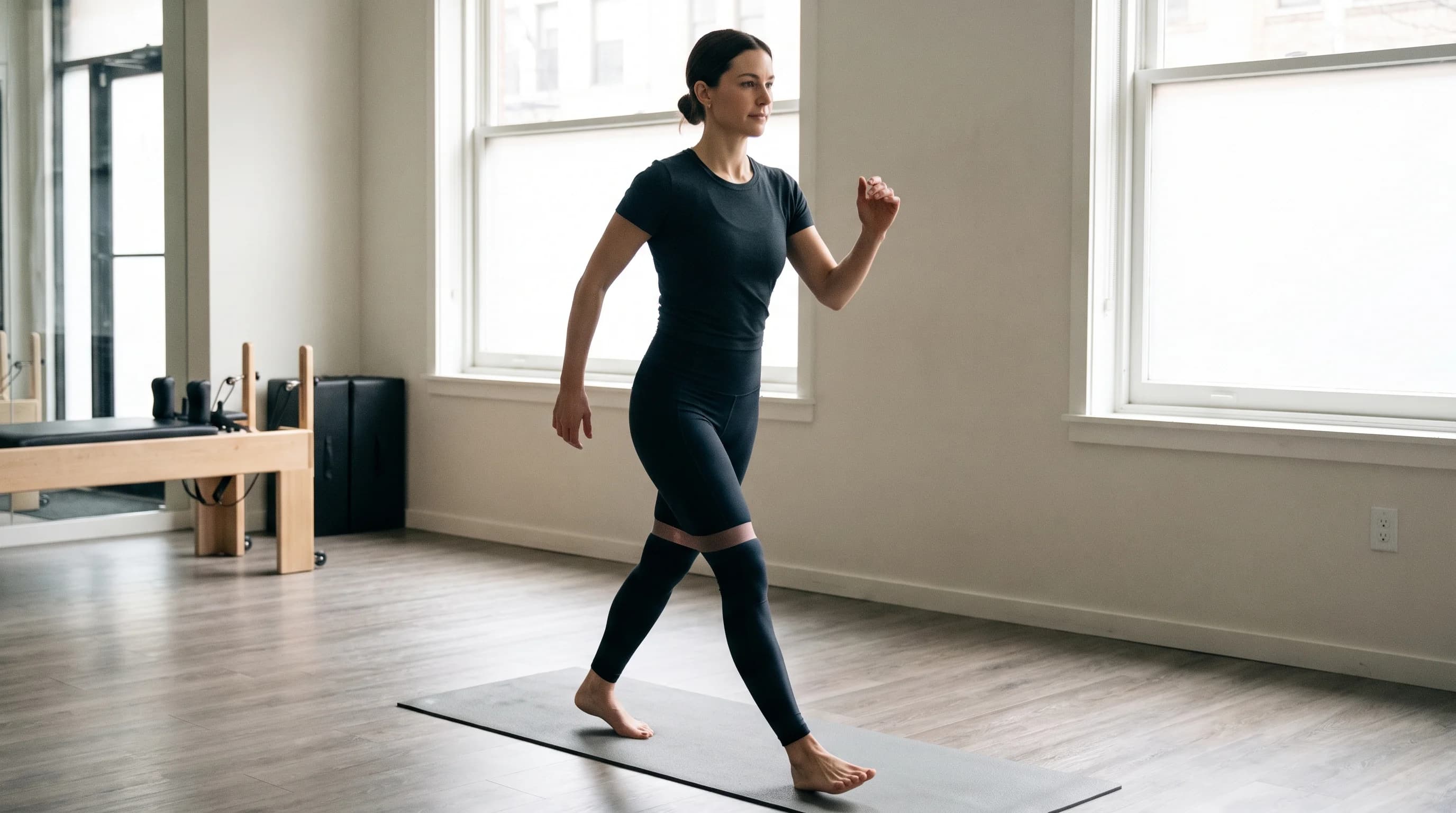 Illustration of Resistance Band Monster Walk on the Pilates reformer