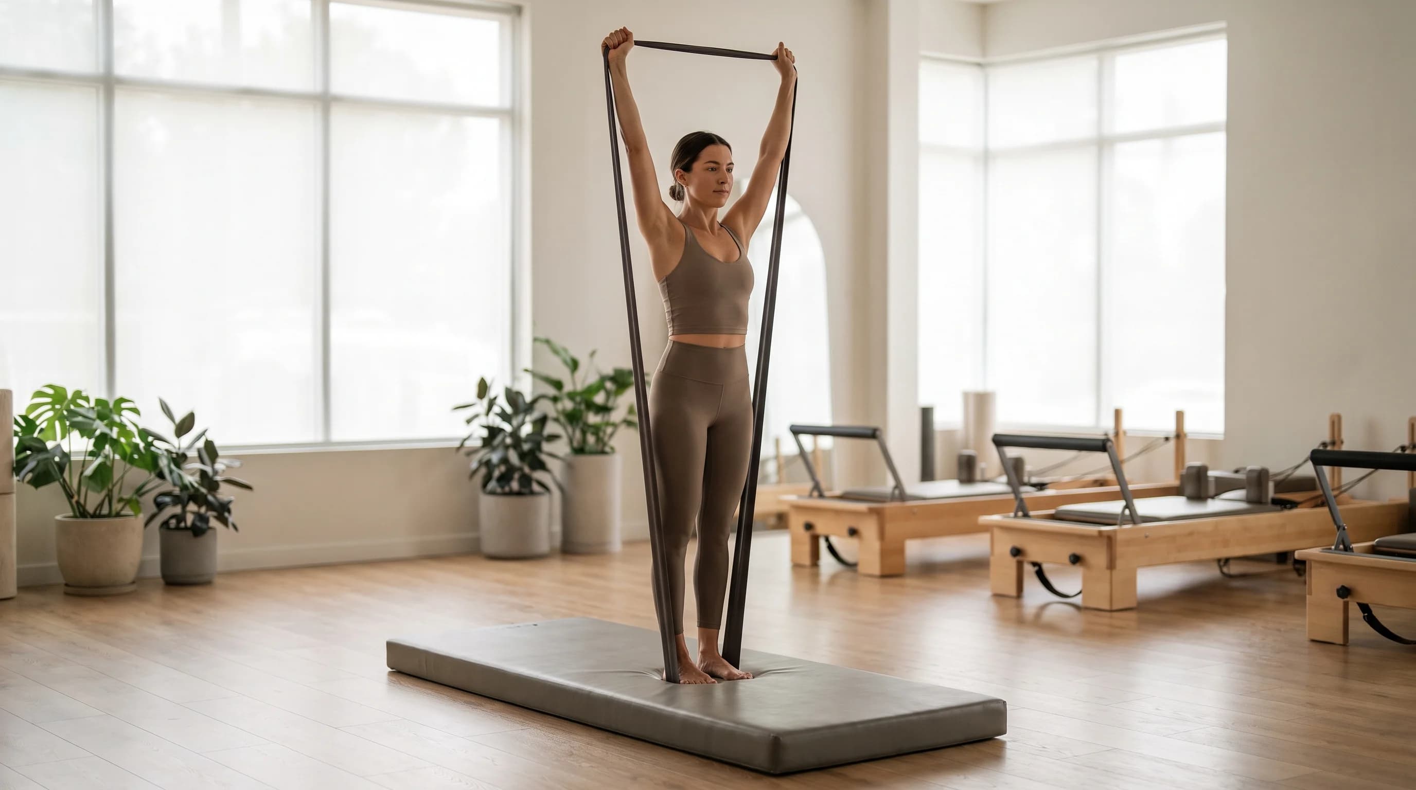 Illustration of Resistance Band Overhead Press on the Pilates reformer