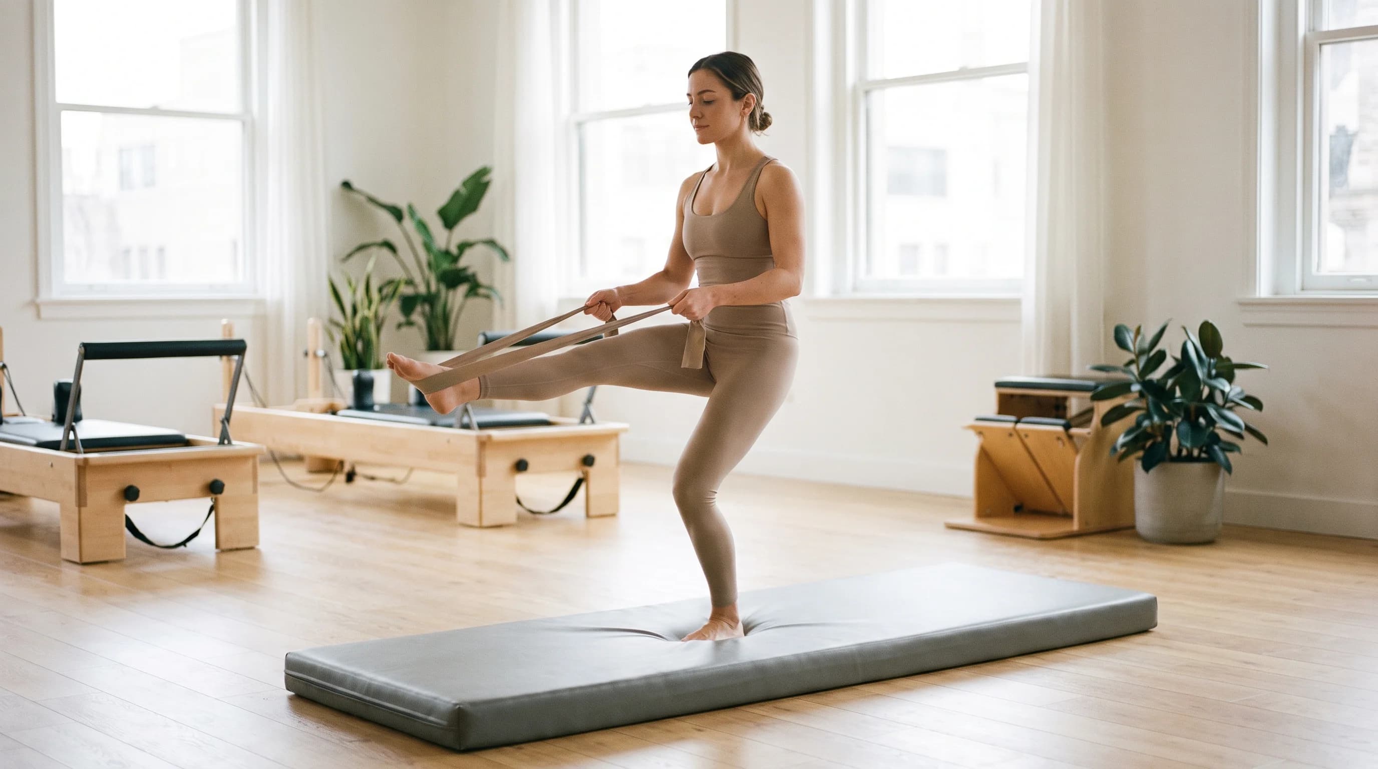 Illustration of Resistance Band Standing Front Kick on the Pilates reformer