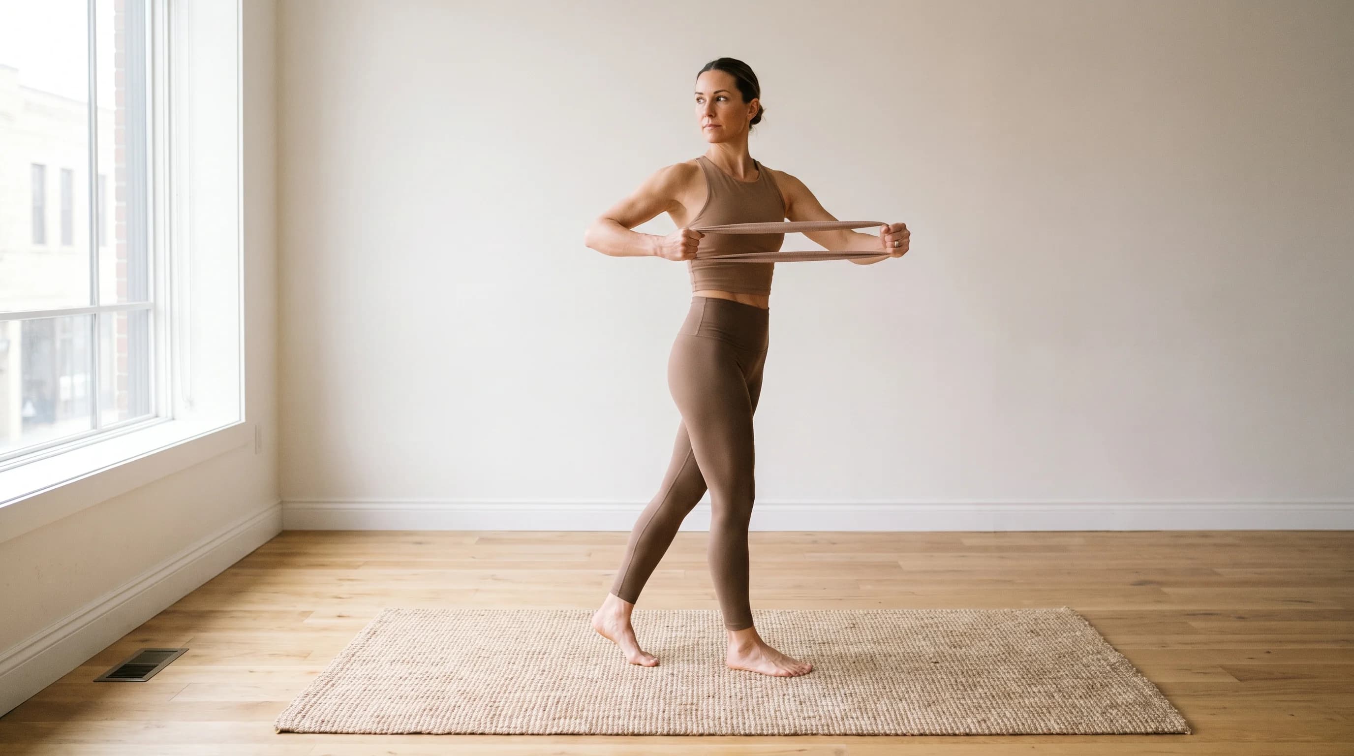Illustration of Resistance Band Standing Twist on the Pilates reformer