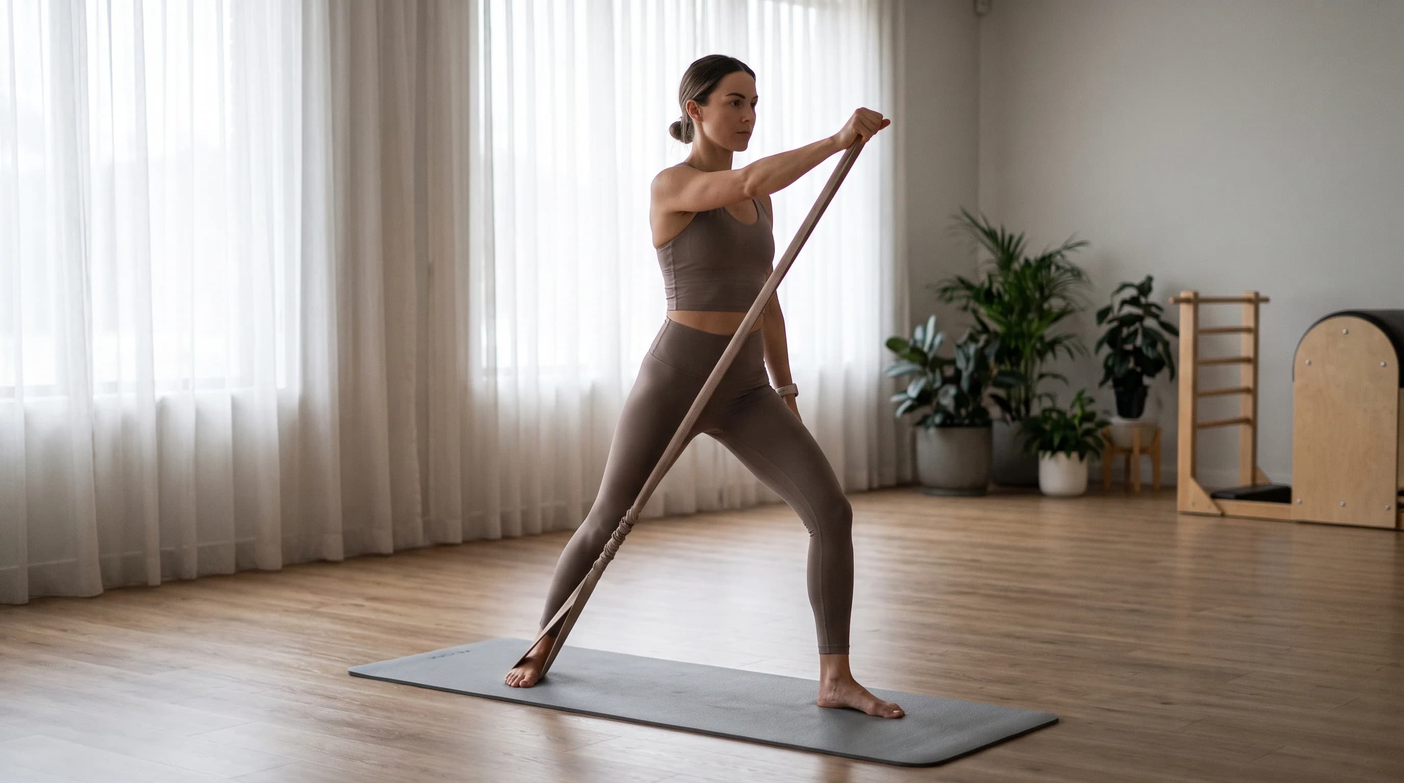 Illustration of Resistance Band Sword Draw on the Pilates reformer