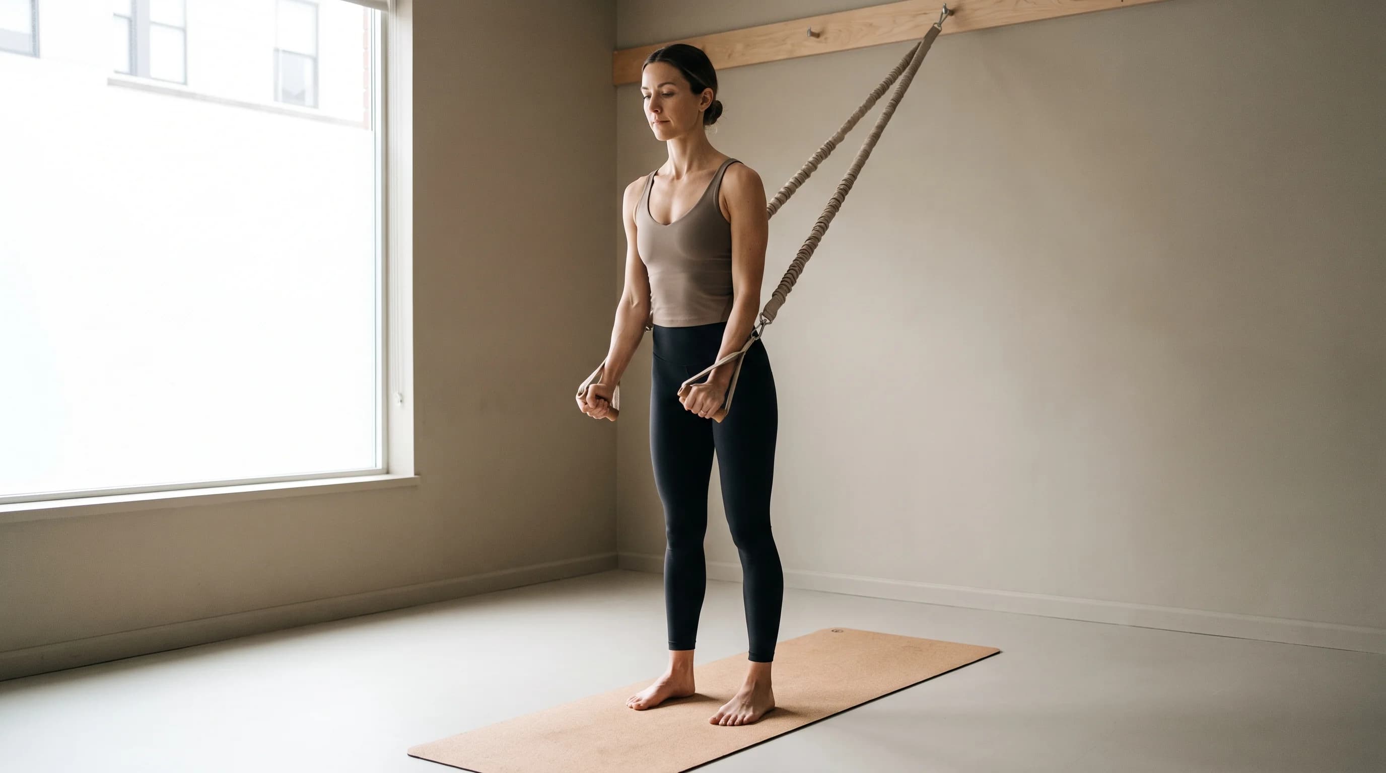 Illustration of Resistance Band Triceps Pressdown on the Pilates reformer