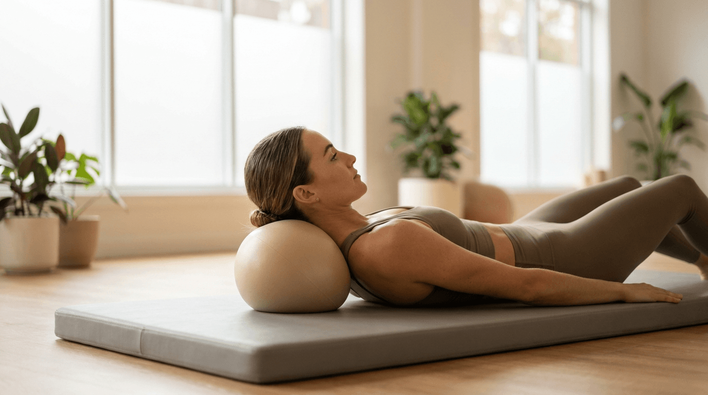 Illustration of Small Ball Chest Lift on the Pilates reformer