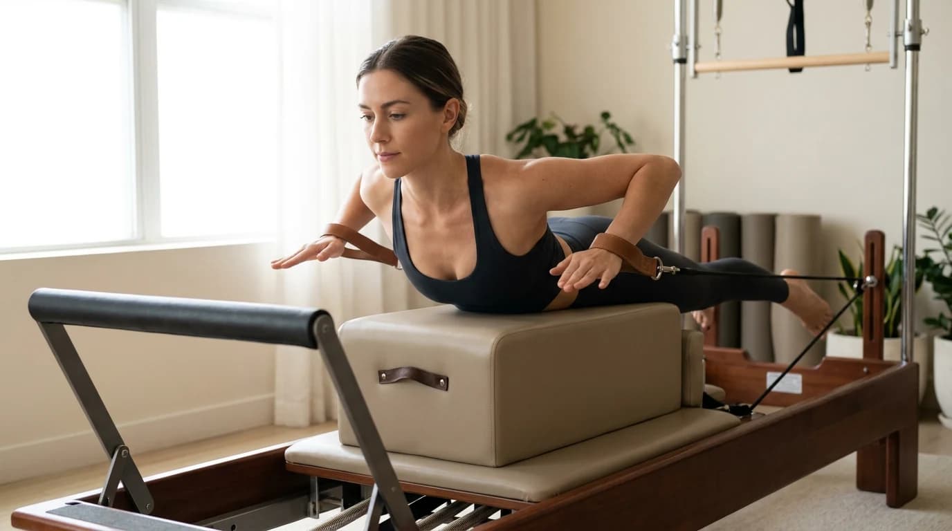 Illustration of Breaststroke Prep on the Pilates reformer
