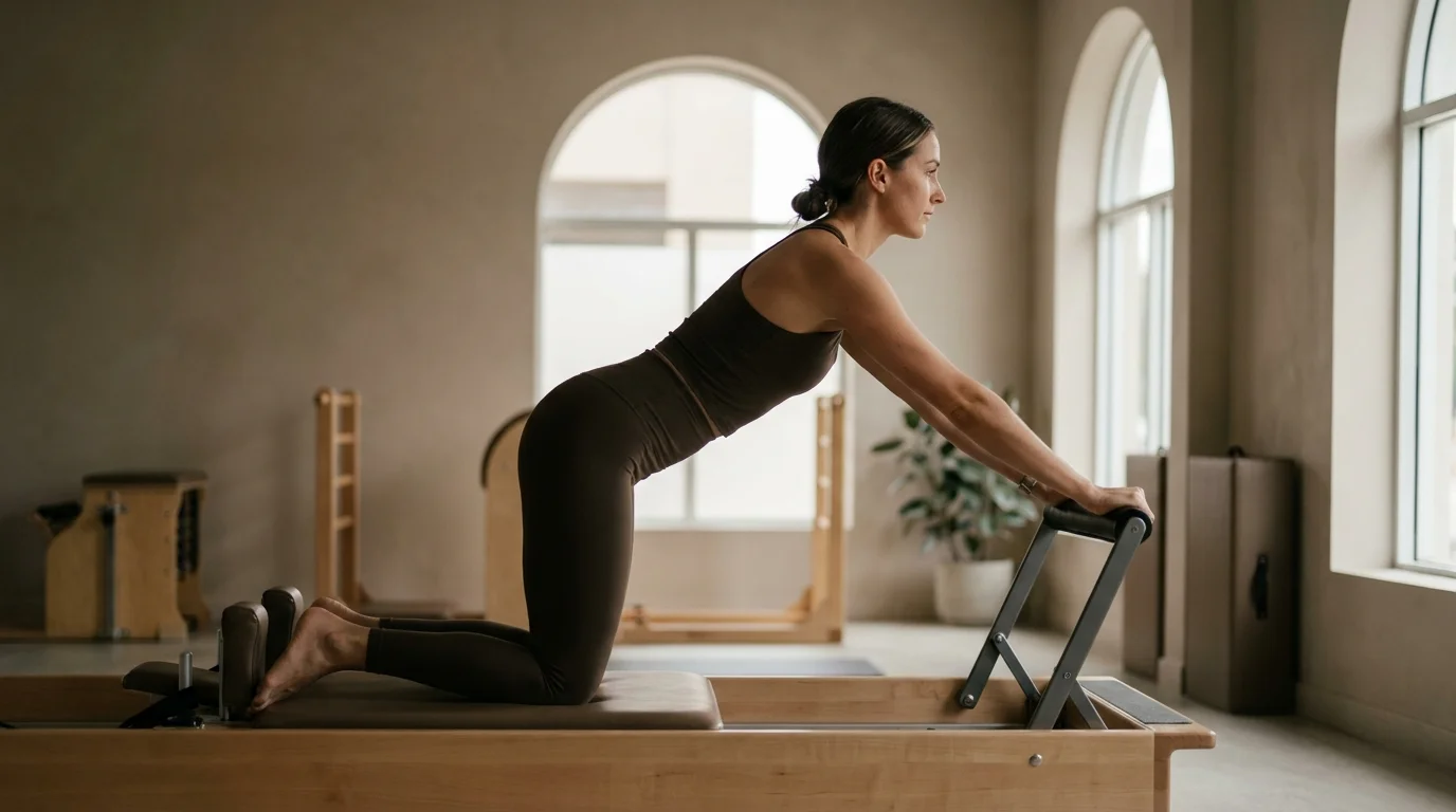 Illustration of Down Stretch on the Pilates reformer