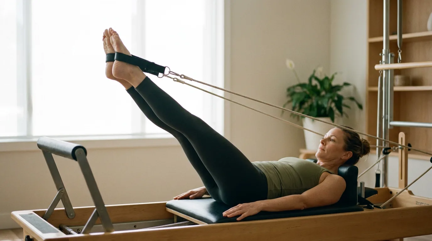 Illustration of Feet in Straps Lower and Lift on the Pilates reformer
