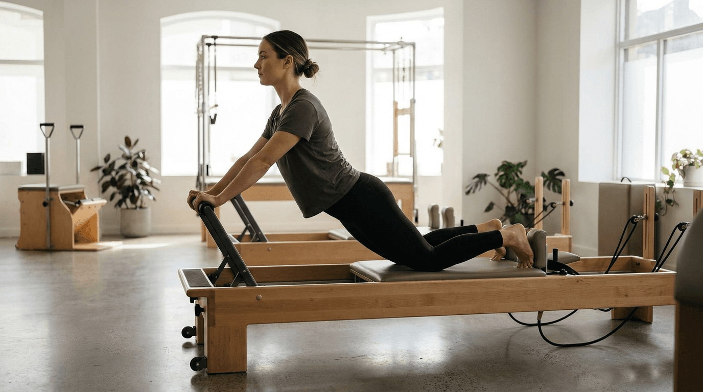 Illustration of Knee Stretch Arched Back on the Pilates reformer