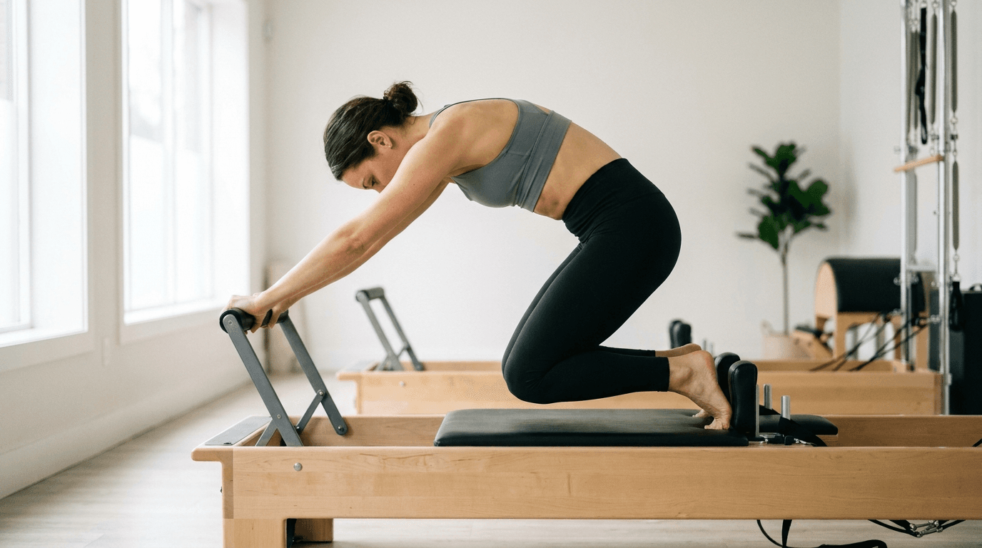 Illustration of Knee Stretch Knees Off on the Pilates reformer