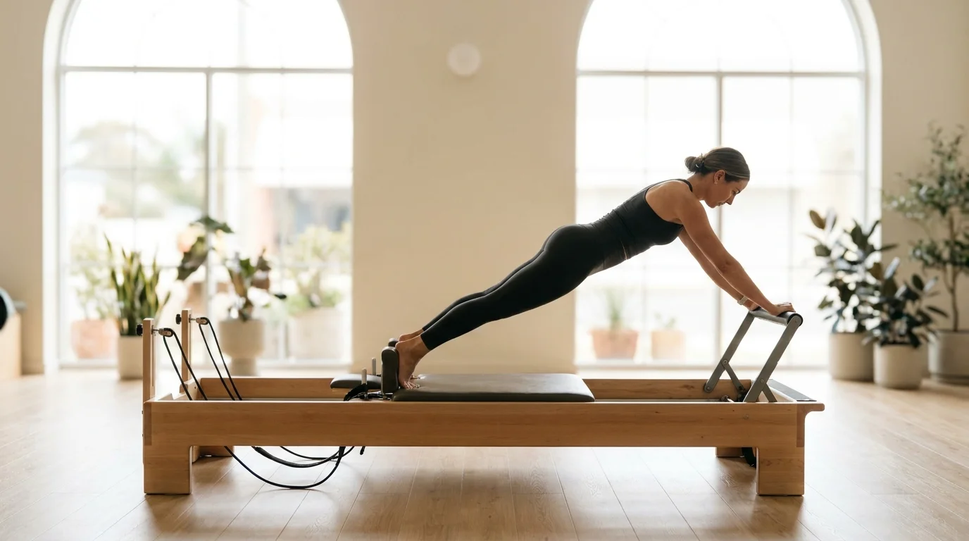 Illustration of Long Stretch on the Pilates reformer