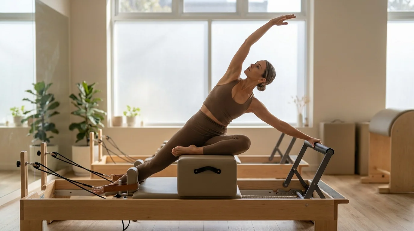 Illustration of Short Box Side Bend on the Pilates reformer