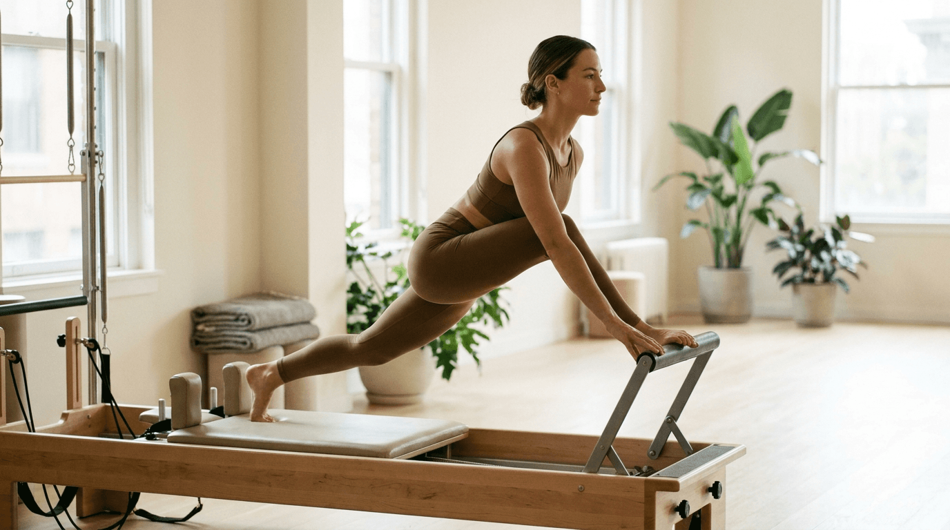 Illustration of Standing Platform Lunge on the Pilates reformer