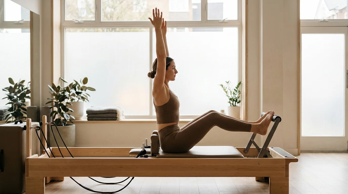 Illustration of Stomach Massage Reach on the Pilates reformer
