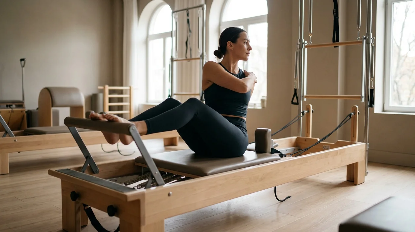 Illustration of Stomach Massage Twist on the Pilates reformer