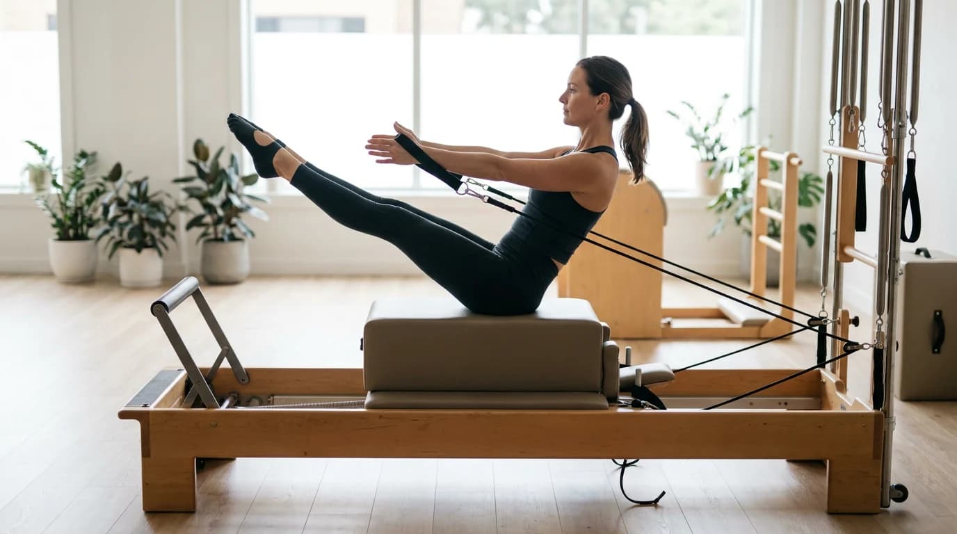 Illustration of Teaser on Long Box on the Pilates reformer