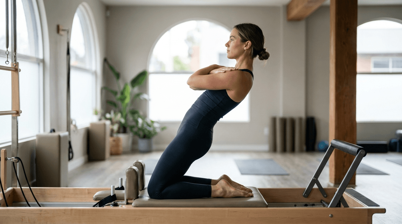 Illustration of Thigh Stretch on the Pilates reformer