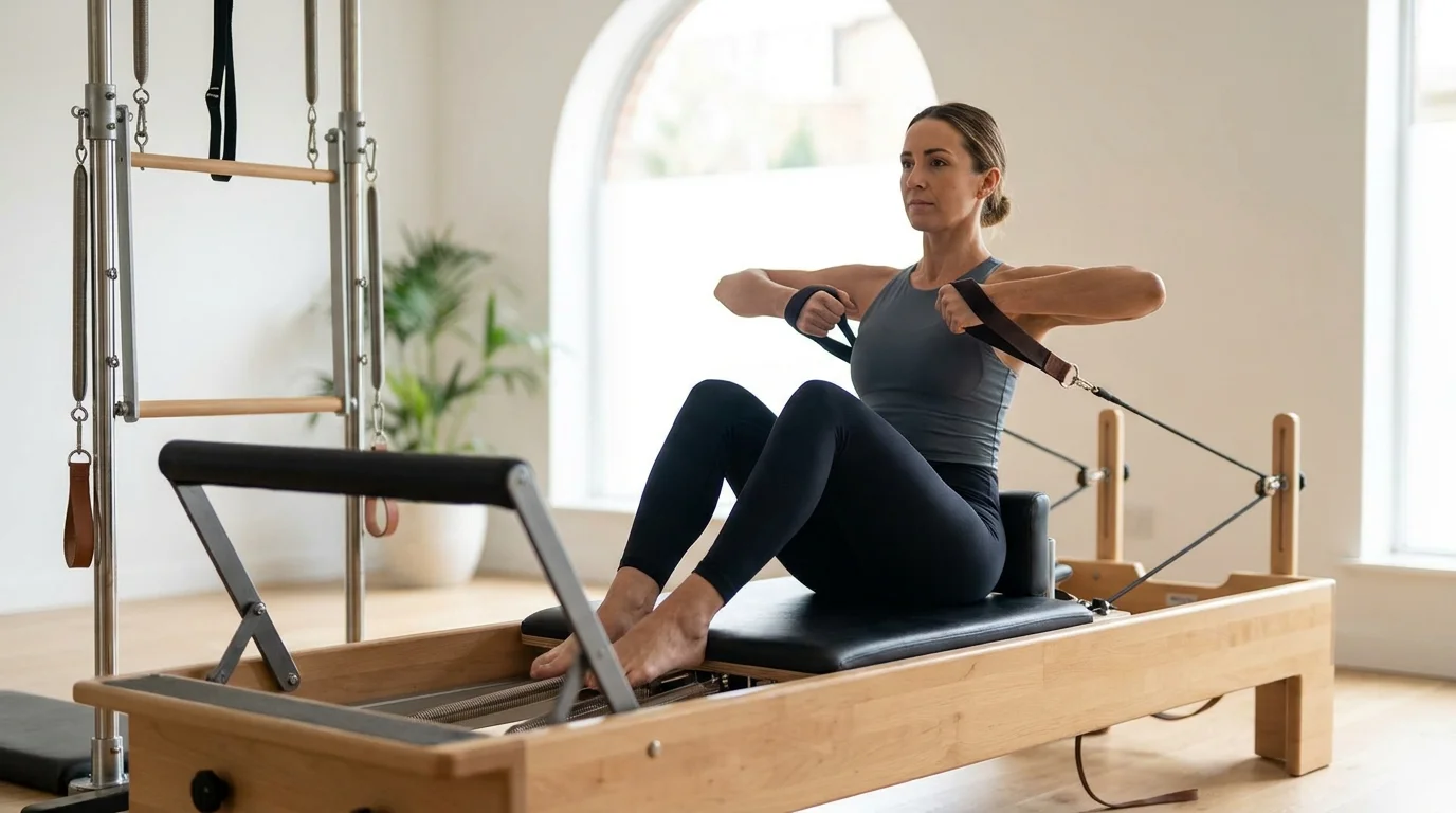 Illustration of Rowing Back 1 Into the Sternum on the Pilates reformer