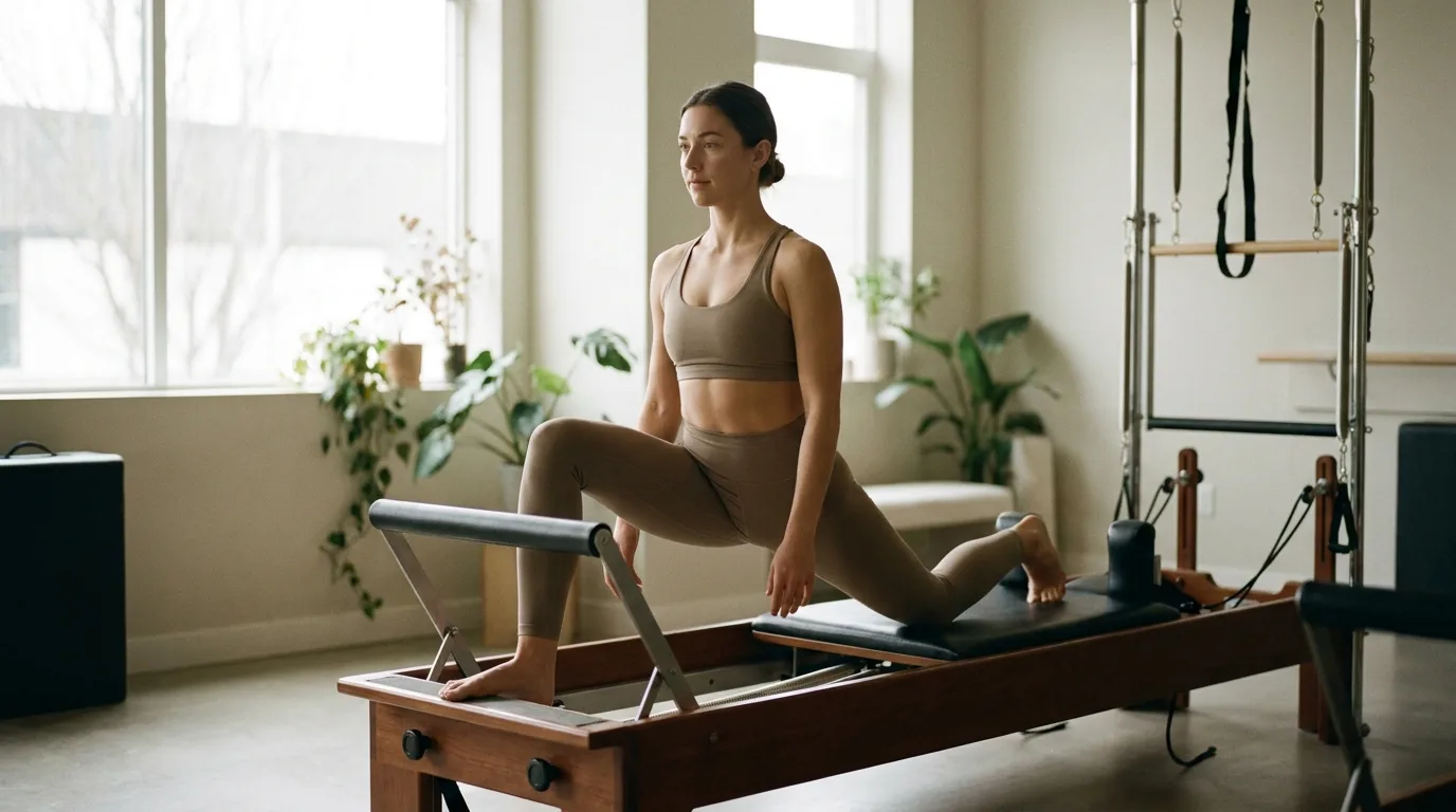 Illustration of Side Splits on the Pilates reformer