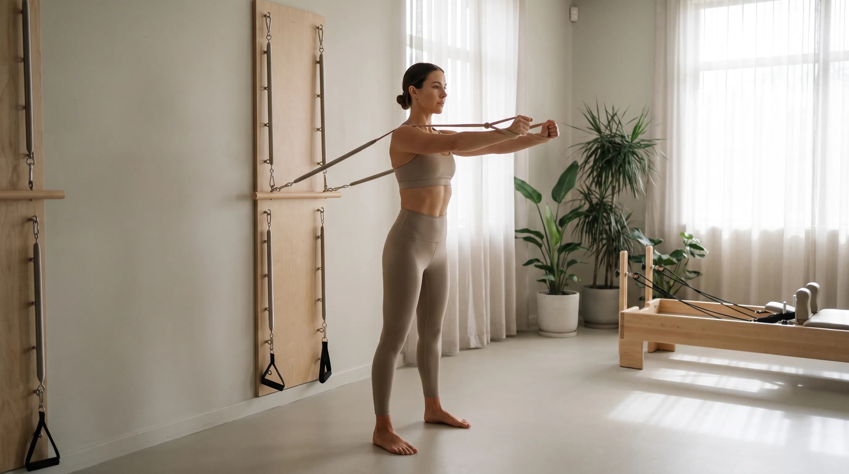 Illustration of Wall Resistance Band Chest Press on the Pilates reformer