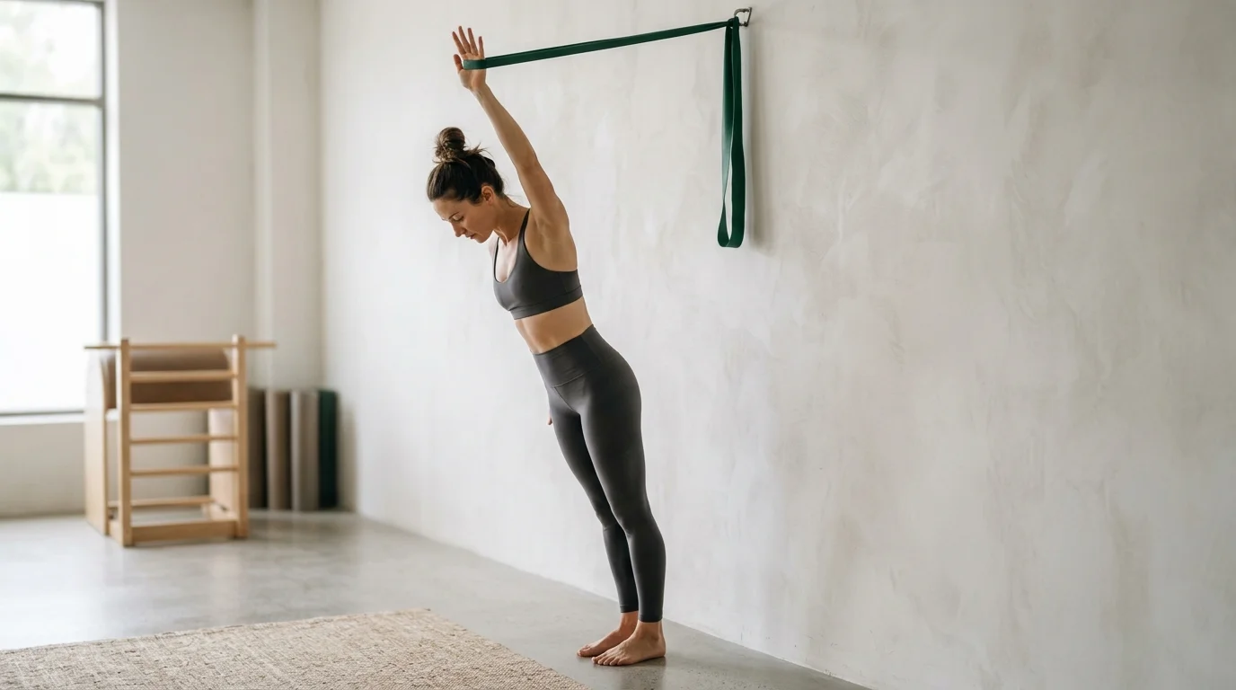 Illustration of Wall Resistance Band Lat Stretch on the Pilates reformer