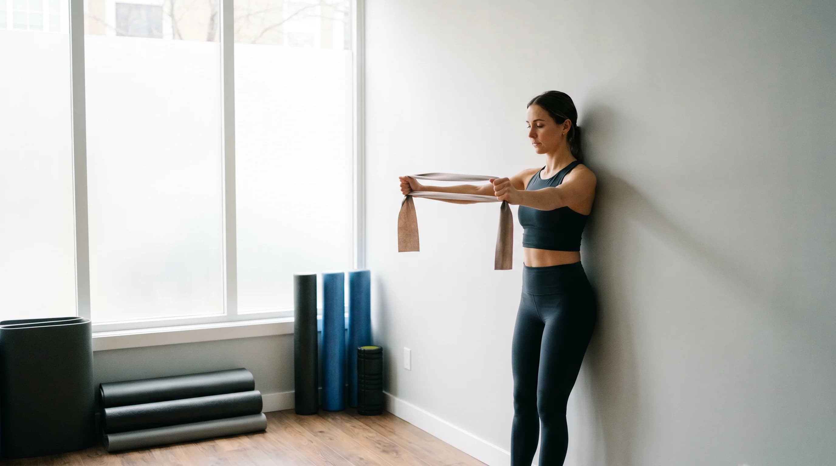 Illustration of Wall Resistance Band Pull Apart on the Pilates reformer
