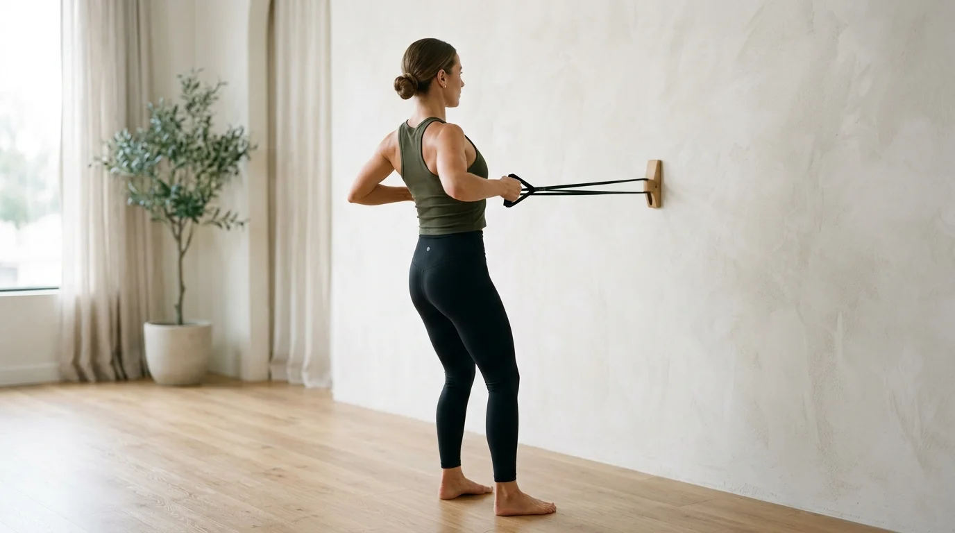 Illustration of Wall Resistance Band Row on the Pilates reformer