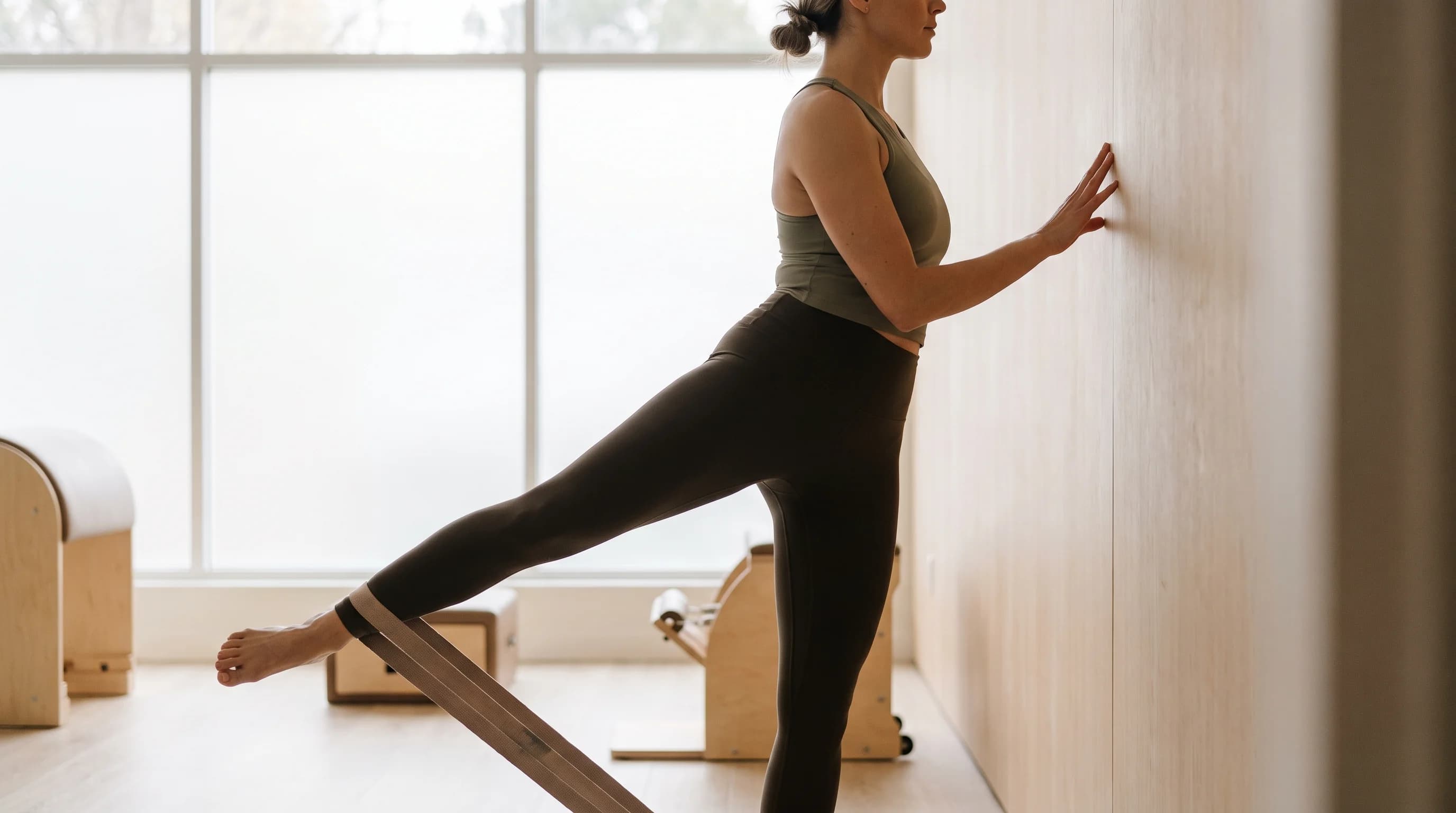 Illustration of Wall Resistance Band Standing Side Kick on the Pilates reformer