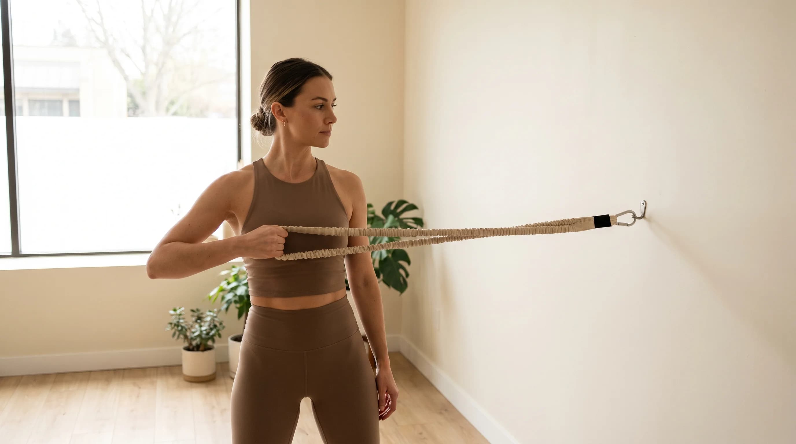 Illustration of Wall Resistance Band Standing Twist on the Pilates reformer